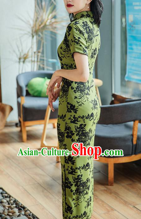 Republic of China Shanghai Beauty Classical Cheongsam Costume Traditional Printing Green Chiffon Qipao Dress Republic of China Shanghai Beauty Classical Cheongsam Costume Traditional Printing Green Chiffon Qipao Dress