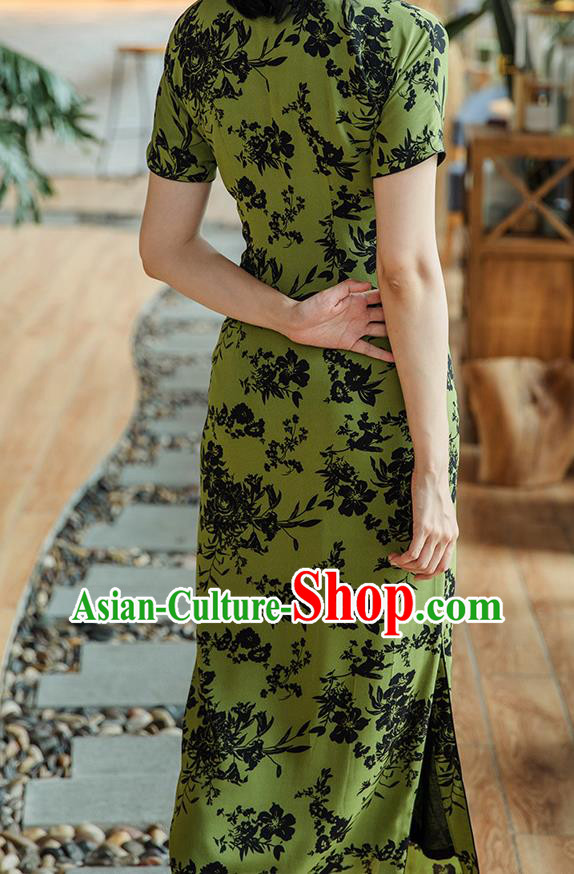 Republic of China Shanghai Beauty Classical Cheongsam Costume Traditional Printing Green Chiffon Qipao Dress Republic of China Shanghai Beauty Classical Cheongsam Costume Traditional Printing Green Chiffon Qipao Dress