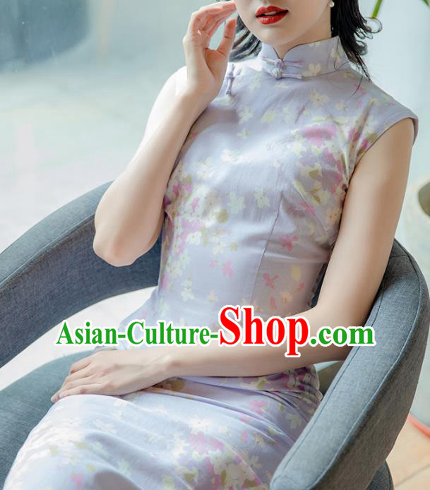 Republic of China Young Woman Cheongsam Costume Traditional Printing Lilac Flax Qipao Dress Republic of China Young Woman Cheongsam Costume Traditional Printing Lilac Flax Qipao Dress