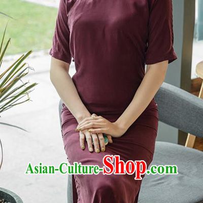 Republic of China Stand Collar Cheongsam Costume Traditional Wine Red Qipao Dress