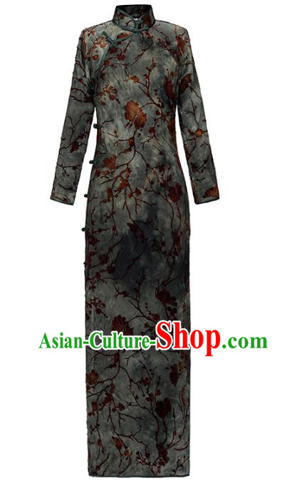 Chinese Classical Green Flocking Qipao Dress Traditional Shanghai Woman Cheongsam National Costume Chinese Classical Green Flocking Qipao Dress Traditional Shanghai Woman Cheongsam National Costume