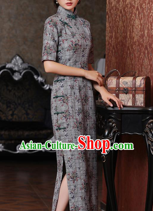 Chinese National Young Lady Costume Classical Printing Grey Qipao Dress Traditional Old Shanghai Cheongsam Chinese National Young Lady Costume Classical Printing Grey Qipao Dress Traditional Old Shanghai Cheongsam