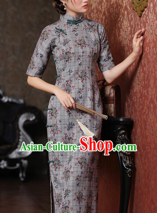 Chinese National Young Lady Costume Classical Printing Grey Qipao Dress Traditional Old Shanghai Cheongsam Chinese National Young Lady Costume Classical Printing Grey Qipao Dress Traditional Old Shanghai Cheongsam