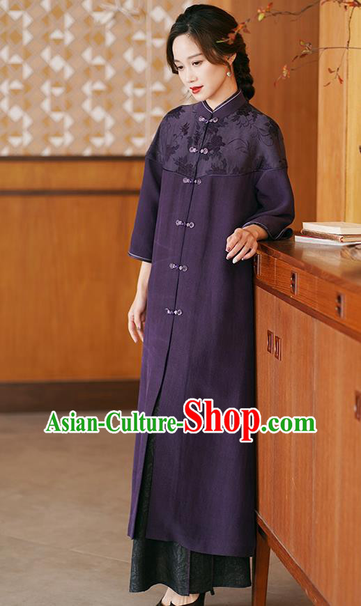 China Traditional Tang Suit Purple Silk Dust Coat National Gambiered Guangdong Gauze Outer Garment China Traditional Tang Suit Purple Silk Dust Coat National Gambiered Guangdong Gauze Outer Garment