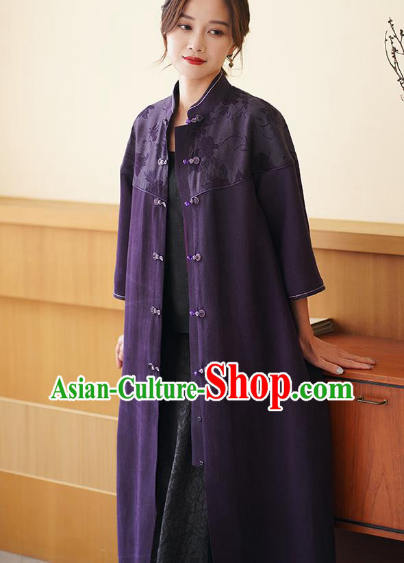 China Traditional Tang Suit Purple Silk Dust Coat National Gambiered Guangdong Gauze Outer Garment China Traditional Tang Suit Purple Silk Dust Coat National Gambiered Guangdong Gauze Outer Garment