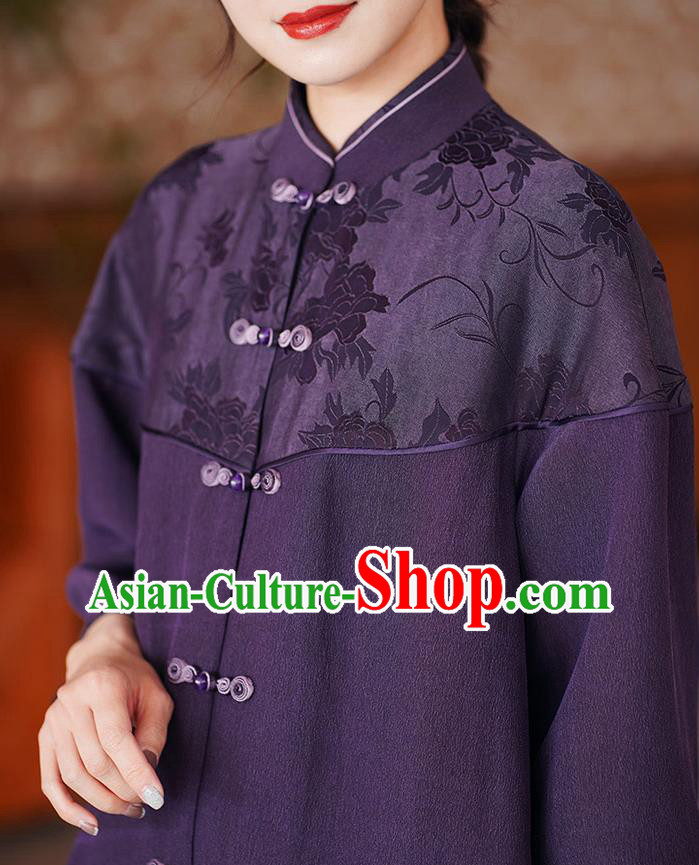 China Traditional Tang Suit Purple Silk Dust Coat National Gambiered Guangdong Gauze Outer Garment China Traditional Tang Suit Purple Silk Dust Coat National Gambiered Guangdong Gauze Outer Garment