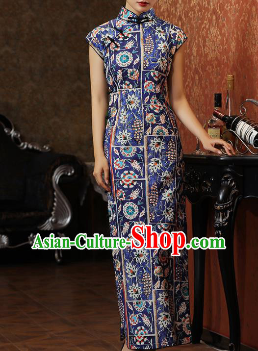 Chinese Classical Printing Qipao Dress National Tang Suit Costume Traditional Deep Blue Cheongsam Chinese Classical Printing Qipao Dress National Tang Suit Costume Traditional Deep Blue Cheongsam