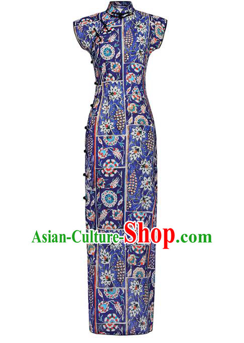 Chinese Classical Printing Qipao Dress National Tang Suit Costume Traditional Deep Blue Cheongsam Chinese Classical Printing Qipao Dress National Tang Suit Costume Traditional Deep Blue Cheongsam