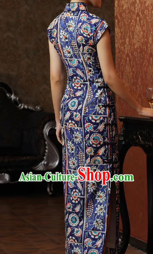 Chinese Classical Printing Qipao Dress National Tang Suit Costume Traditional Deep Blue Cheongsam Chinese Classical Printing Qipao Dress National Tang Suit Costume Traditional Deep Blue Cheongsam