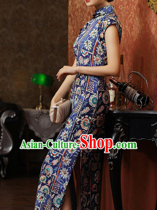 Chinese Classical Printing Qipao Dress National Tang Suit Costume Traditional Deep Blue Cheongsam Chinese Classical Printing Qipao Dress National Tang Suit Costume Traditional Deep Blue Cheongsam