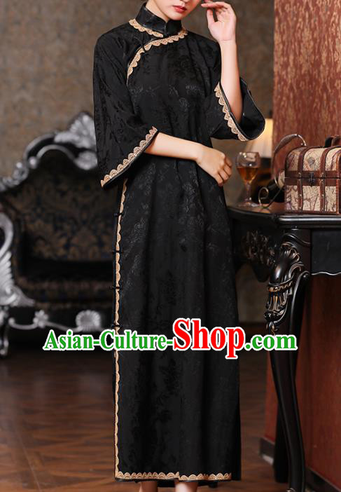 Chinese Classical Mandarin Sleeve Qipao Dress National Shanghai Woman Costume Traditional Black Flax Cheongsam Chinese Classical Mandarin Sleeve Qipao Dress National Shanghai Woman Costume Traditional Black Flax Cheongsam