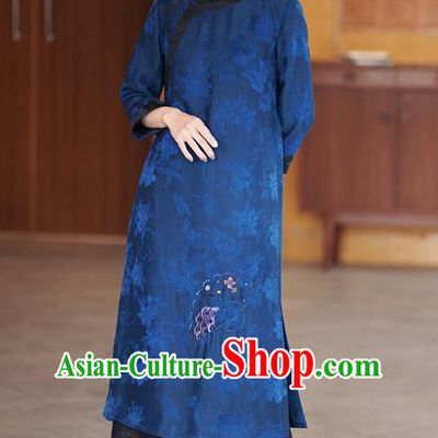 Chinese Traditional Gambiered Guangdong Gauze Costume Classical Cheongsam Classical Blue Silk Qipao Dress
