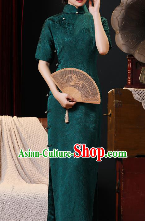 Chinese Classical Deep Green Qipao Dress National Shanghai Lady Costume Traditional Jacquard Silk Cheongsam