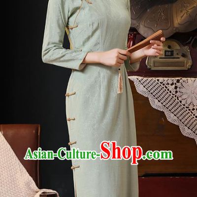 Chinese Traditional Light Green Flax Cheongsam Classical Qipao Dress National Shanghai Lady Costume