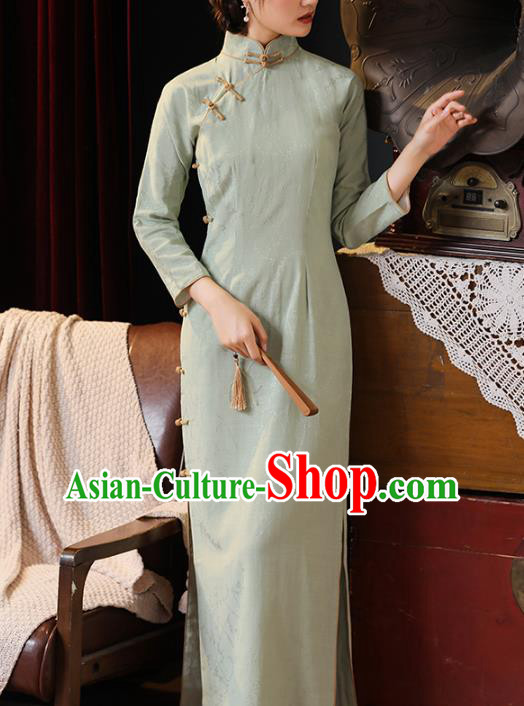 Chinese Traditional Light Green Flax Cheongsam Classical Qipao Dress National Shanghai Lady Costume Chinese Traditional Light Green Flax Cheongsam Classical Qipao Dress National Shanghai Lady Costume