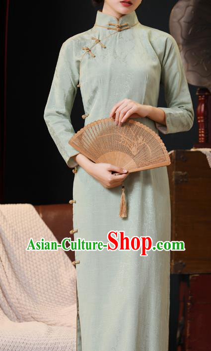 Chinese Traditional Light Green Flax Cheongsam Classical Qipao Dress National Shanghai Lady Costume Chinese Traditional Light Green Flax Cheongsam Classical Qipao Dress National Shanghai Lady Costume