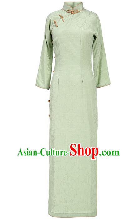 Chinese Traditional Light Green Flax Cheongsam Classical Qipao Dress National Shanghai Lady Costume Chinese Traditional Light Green Flax Cheongsam Classical Qipao Dress National Shanghai Lady Costume