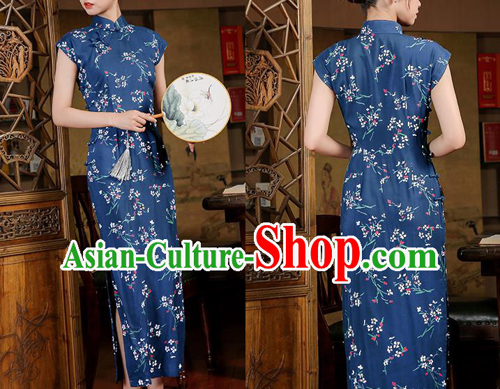 Chinese Classical Dance Qipao Dress National Young Lady Costume Traditional Printing Navy Cheongsam Chinese Classical Dance Qipao Dress National Young Lady Costume Traditional Printing Navy Cheongsam