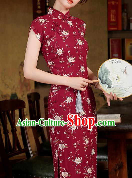 Chinese Classical Printing Wine Red Qipao Dress National Shanghai Woman Costume Traditional Cheongsam Chinese Classical Printing Wine Red Qipao Dress National Shanghai Woman Costume Traditional Cheongsam