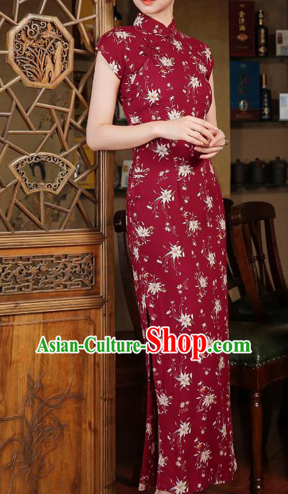 Chinese Classical Printing Wine Red Qipao Dress National Shanghai Woman Costume Traditional Cheongsam Chinese Classical Printing Wine Red Qipao Dress National Shanghai Woman Costume Traditional Cheongsam