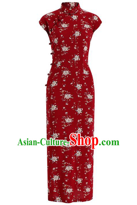 Chinese Classical Printing Wine Red Qipao Dress National Shanghai Woman Costume Traditional Cheongsam Chinese Classical Printing Wine Red Qipao Dress National Shanghai Woman Costume Traditional Cheongsam