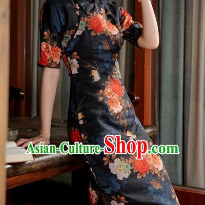 Chinese Traditional Printing Peony Black Ramie Cheongsam Classical Qipao Dress National Shanghai Woman Costume