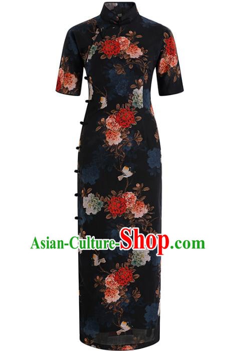 Chinese Traditional Printing Peony Black Ramie Cheongsam Classical Qipao Dress National Shanghai Woman Costume Chinese Traditional Printing Peony Black Ramie Cheongsam Classical Qipao Dress National Shanghai Woman Costume