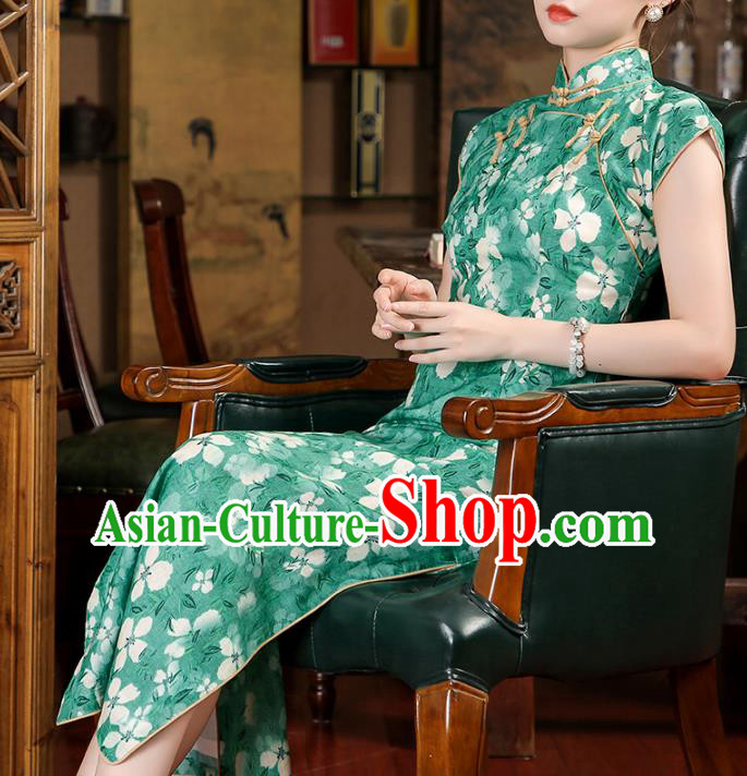 Chinese Classical Young Lady Qipao Dress Traditional Printing Green Ramie Cheongsam Clothing Chinese Classical Young Lady Qipao Dress Traditional Printing Green Ramie Cheongsam Clothing
