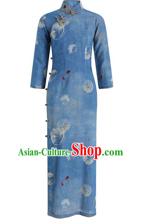 Chinese Traditional Printing Butterfly Orchids Cheongsam Clothing Classical Young Lady Blue Ramie Qipao Dress Chinese Traditional Printing Butterfly Orchids Cheongsam Clothing Classical Young Lady Blue Ramie Qipao Dress