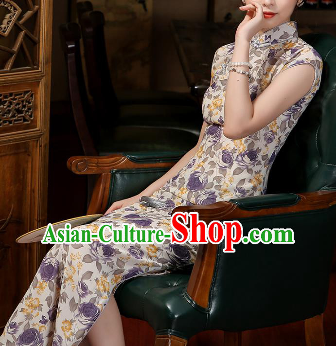 Chinese Classical Dance Qipao Dress Traditional Shanghai Printing Chiffon Cheongsam Clothing Chinese Classical Dance Qipao Dress Traditional Shanghai Printing Chiffon Cheongsam Clothing