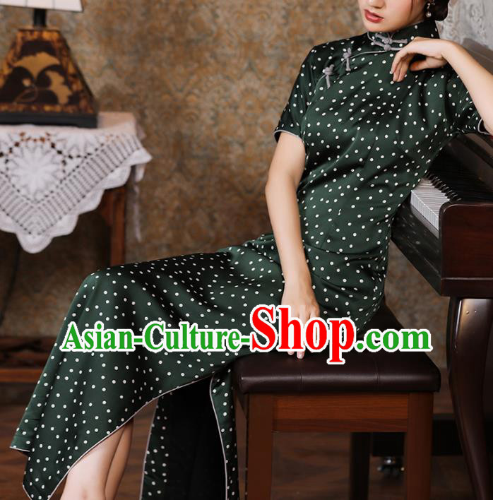 Chinese Classical Green Satin Qipao Dress Traditional Dance Cheongsam National Slant Opening Costume Chinese Classical Green Satin Qipao Dress Traditional Dance Cheongsam National Slant Opening Costume