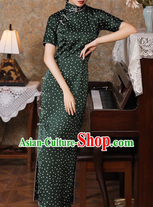 Chinese Classical Green Satin Qipao Dress Traditional Dance Cheongsam National Slant Opening Costume Chinese Classical Green Satin Qipao Dress Traditional Dance Cheongsam National Slant Opening Costume