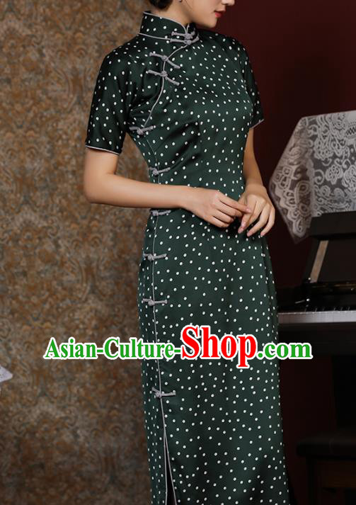 Chinese Classical Green Satin Qipao Dress Traditional Dance Cheongsam National Slant Opening Costume Chinese Classical Green Satin Qipao Dress Traditional Dance Cheongsam National Slant Opening Costume