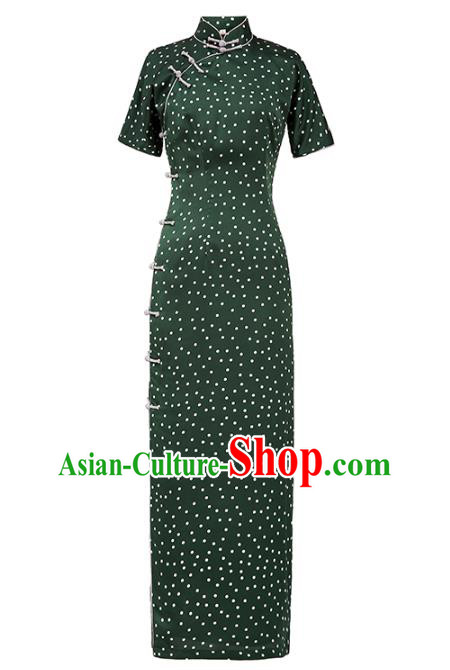 Chinese Classical Green Satin Qipao Dress Traditional Dance Cheongsam National Slant Opening Costume Chinese Classical Green Satin Qipao Dress Traditional Dance Cheongsam National Slant Opening Costume