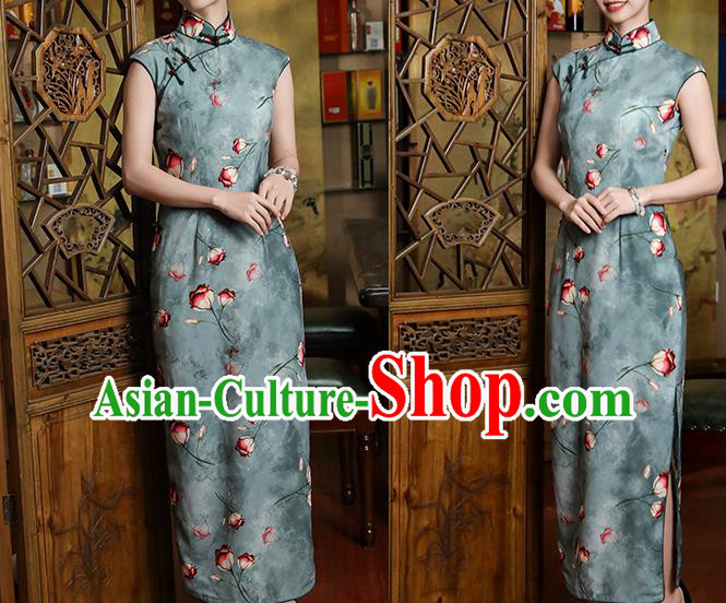 Chinese Classical Printing Tulip Qipao Dress Traditional Shanghai Green Chiffon Cheongsam Clothing Chinese Classical Printing Tulip Qipao Dress Traditional Shanghai Green Chiffon Cheongsam Clothing
