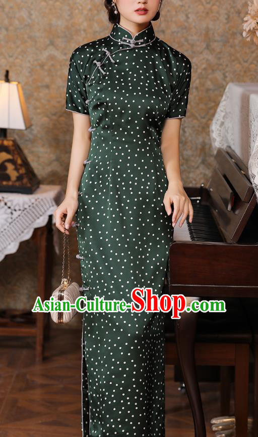 Chinese Classical Green Satin Qipao Dress Traditional Dance Cheongsam National Slant Opening Costume Chinese Classical Green Satin Qipao Dress Traditional Dance Cheongsam National Slant Opening Costume