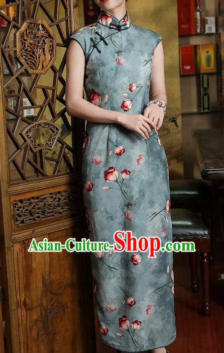 Chinese Classical Printing Tulip Qipao Dress Traditional Shanghai Green Chiffon Cheongsam Clothing Chinese Classical Printing Tulip Qipao Dress Traditional Shanghai Green Chiffon Cheongsam Clothing