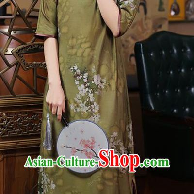 Chinese Traditional Olive Green Tencel Cheongsam Clothing Classical Printing Pear Blossom Qipao Dress