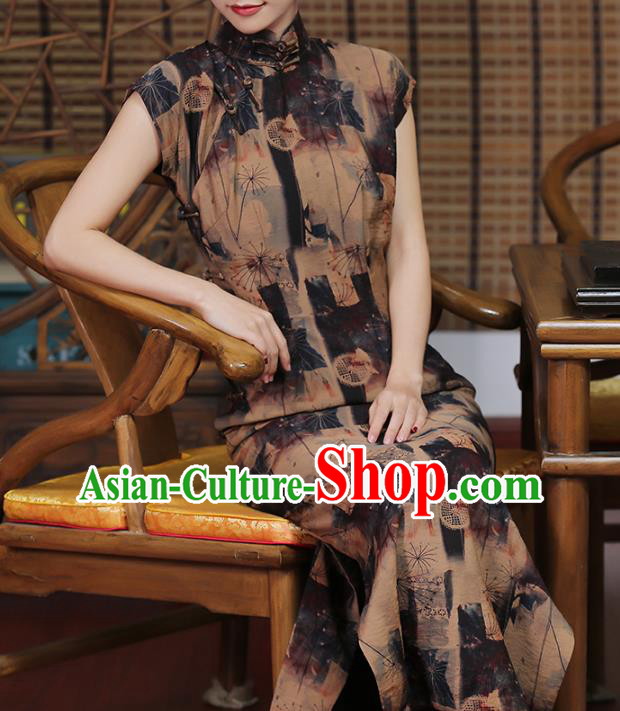 Chinese Traditional Brown Cheongsam Clothing Classical Shanghai Young Lady Qipao Dress Chinese Traditional Brown Cheongsam Clothing Classical Shanghai Young Lady Qipao Dress
