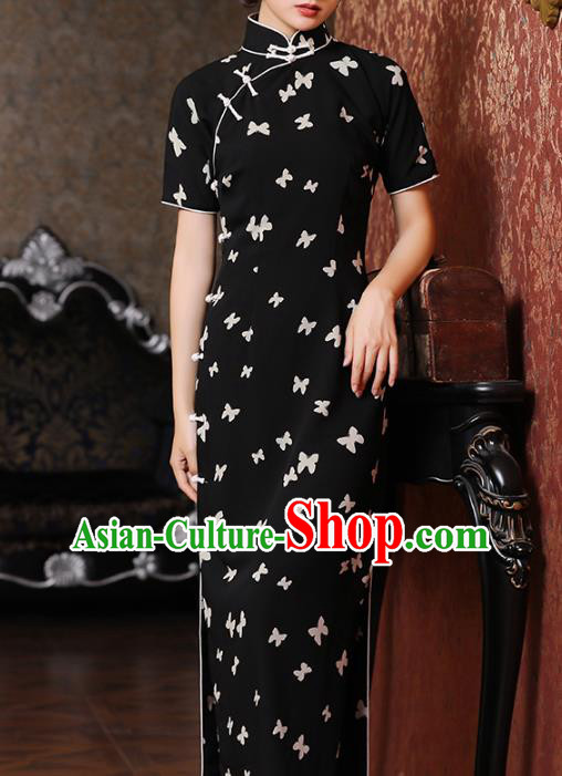 Chinese Classical Black Chiffon Qipao Dress National Woman Costume Traditional Printing Butterfly Cheongsam Chinese Classical Black Chiffon Qipao Dress National Woman Costume Traditional Printing Butterfly Cheongsam