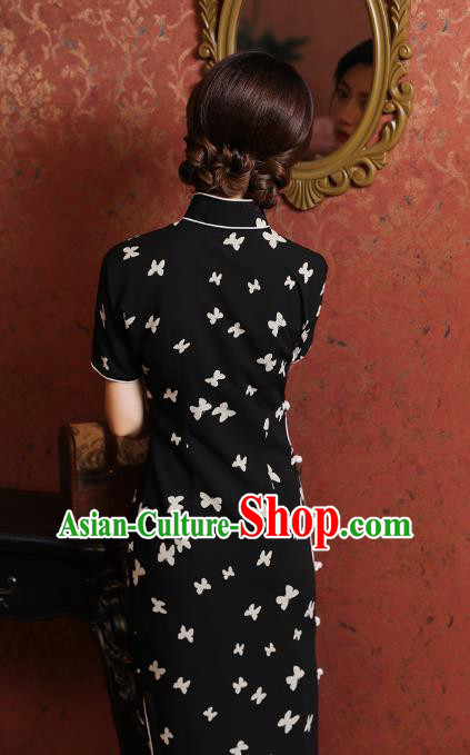 Chinese Classical Black Chiffon Qipao Dress National Woman Costume Traditional Printing Butterfly Cheongsam Chinese Classical Black Chiffon Qipao Dress National Woman Costume Traditional Printing Butterfly Cheongsam