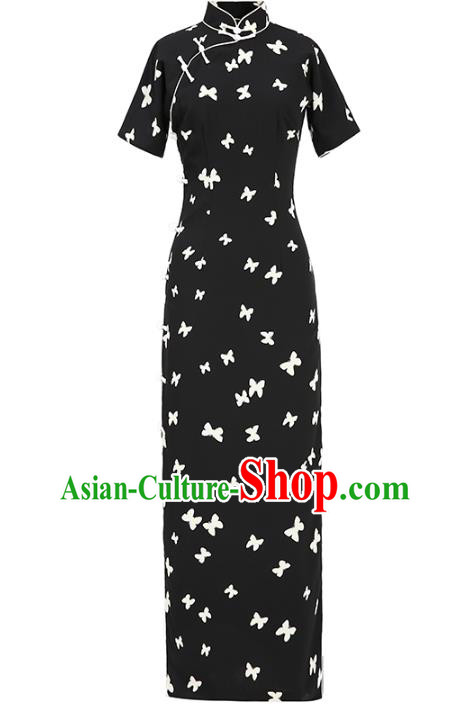Chinese Classical Black Chiffon Qipao Dress National Woman Costume Traditional Printing Butterfly Cheongsam Chinese Classical Black Chiffon Qipao Dress National Woman Costume Traditional Printing Butterfly Cheongsam