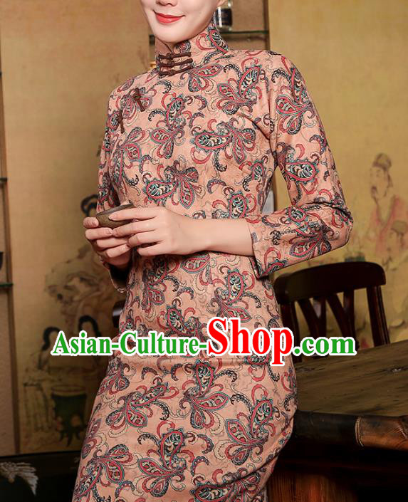Chinese Classical Apricot Suede Qipao Dress Traditional Clothing Modern Dance Cheongsam Chinese Classical Apricot Suede Qipao Dress Traditional Clothing Modern Dance Cheongsam