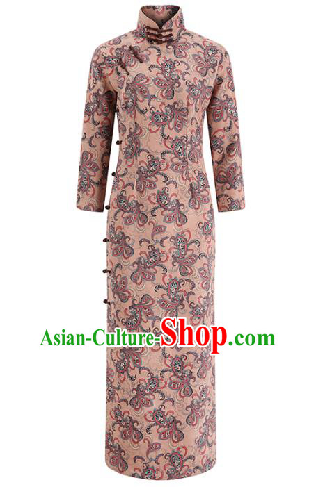 Chinese Classical Apricot Suede Qipao Dress Traditional Clothing Modern Dance Cheongsam Chinese Classical Apricot Suede Qipao Dress Traditional Clothing Modern Dance Cheongsam