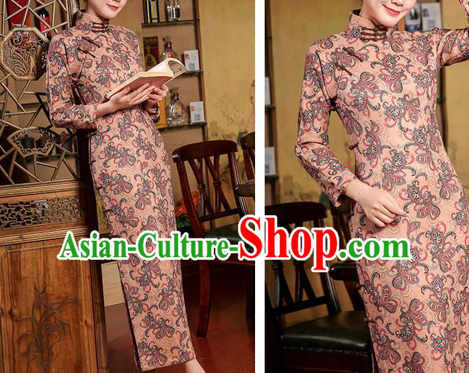Chinese Classical Apricot Suede Qipao Dress Traditional Clothing Modern Dance Cheongsam Chinese Classical Apricot Suede Qipao Dress Traditional Clothing Modern Dance Cheongsam