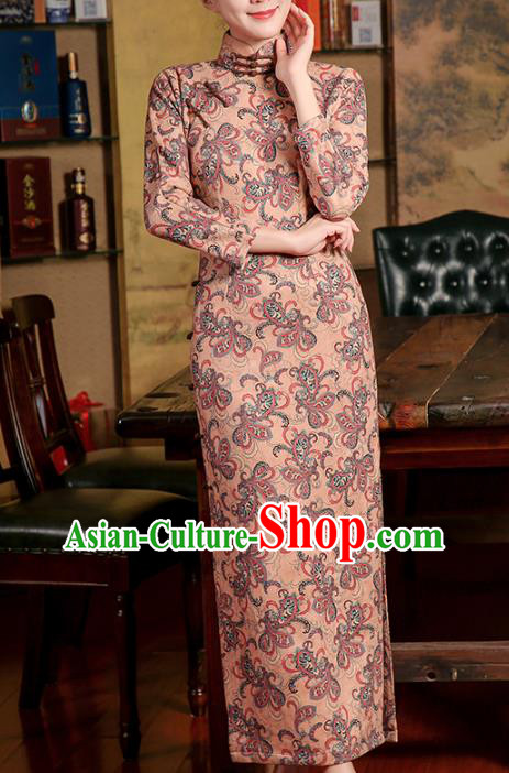 Chinese Classical Apricot Suede Qipao Dress Traditional Clothing Modern Dance Cheongsam Chinese Classical Apricot Suede Qipao Dress Traditional Clothing Modern Dance Cheongsam