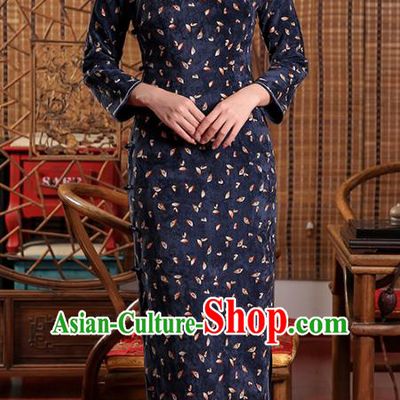 Chinese Traditional Clothing Classical Dance Cheongsam Classical Navy Corduroy Qipao Dress