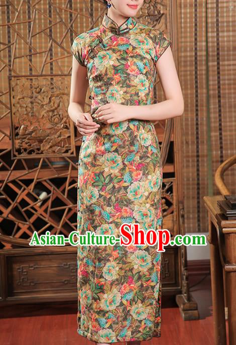 Chinese Traditional Printing Peony Flax Qipao Dress Clothing Classical Slant Opening Cheongsam