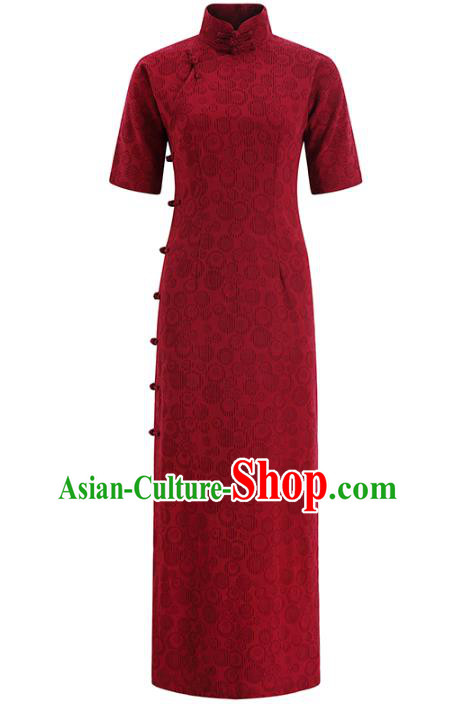 Chinese Classical Jacquard Cheongsam Catwalks Clothing Traditional Wine Red Flax Qipao Dress Chinese Classical Jacquard Cheongsam Catwalks Clothing Traditional Wine Red Flax Qipao Dress