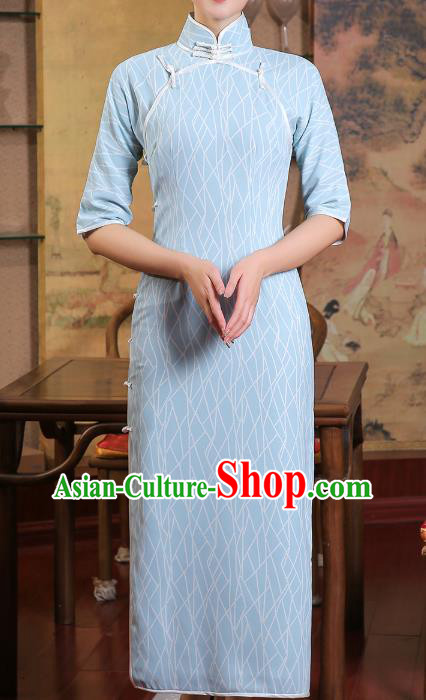 Chinese Traditional Light Blue Qipao Dress Classical Cheongsam Old Shanghai Woman Clothing Chinese Traditional Light Blue Qipao Dress Classical Cheongsam Old Shanghai Woman Clothing